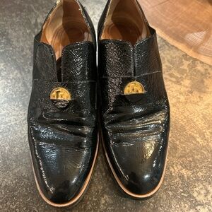 Chloe Black Leather Loafers with Gold Accent